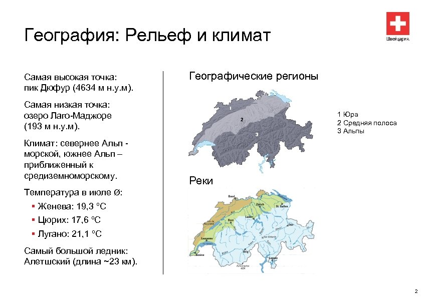 География: Рельеф и климат Самая высокая точка: пик Дюфур (4634 м н. у. м).