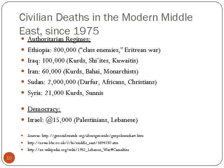Civilian Deaths in the Modern Middle East, since 1975 Authoritarian Regimes: Ethiopia: 800, 000