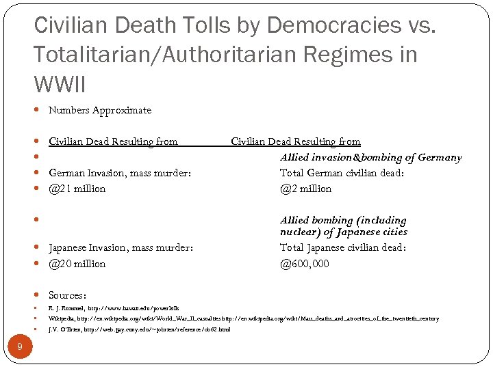 Civilian Death Tolls by Democracies vs. Totalitarian/Authoritarian Regimes in WWII Numbers Approximate Civilian Dead