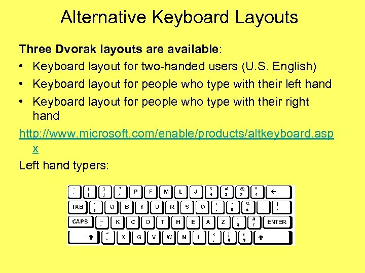 Alternative Keyboard Layouts Three Dvorak layouts are available: • Keyboard layout for two-handed users