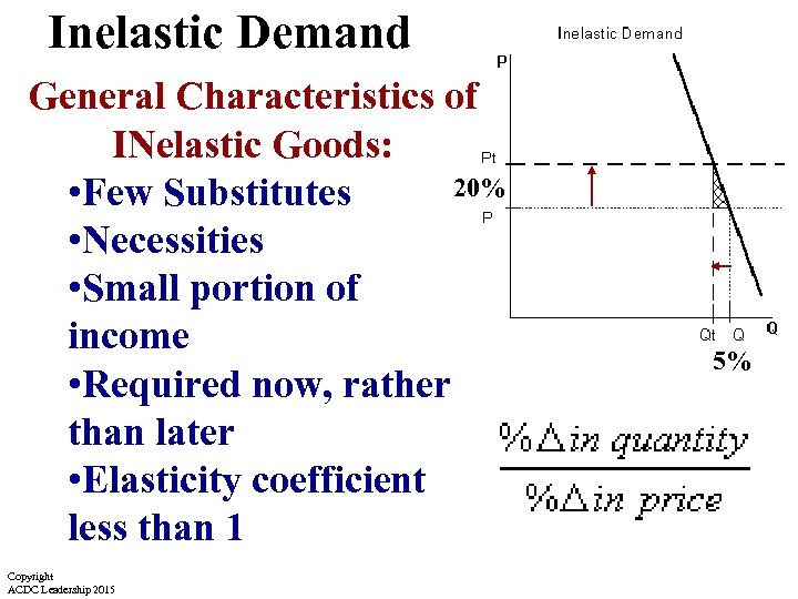 Inelastic Demand General Characteristics of INelastic Goods: 20% • Few Substitutes • Necessities •