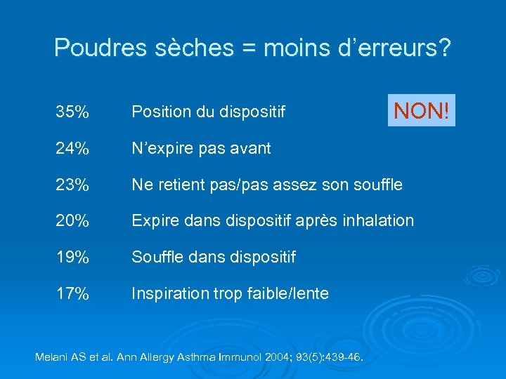 Poudres sèches = moins d’erreurs? NON! 35% Position du dispositif 24% N’expire pas avant