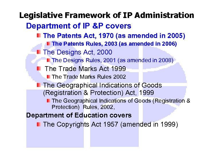 Legislative Framework of IP Administration Department of IP &P covers The Patents Act, 1970