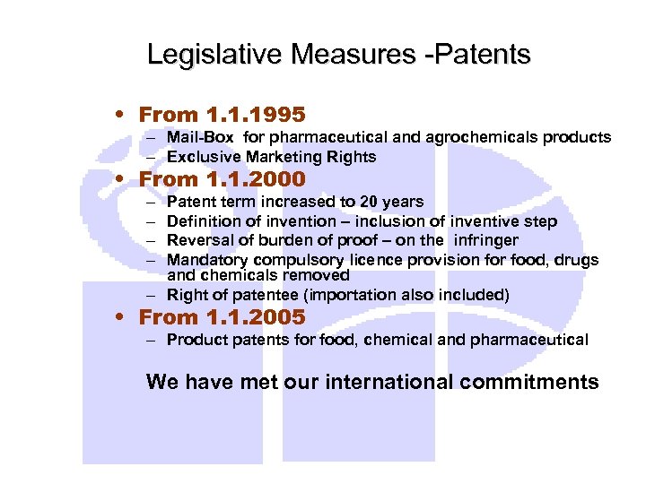 Legislative Measures -Patents • From 1. 1. 1995 – Mail-Box for pharmaceutical and agrochemicals