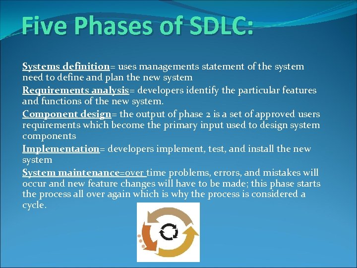 Five Phases of SDLC: Systems definition= uses managements statement of the system need to