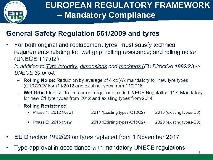EUROPEAN REGULATORY FRAMEWORK – Mandatory Compliance General Safety Regulation 661/2009 and tyres • For