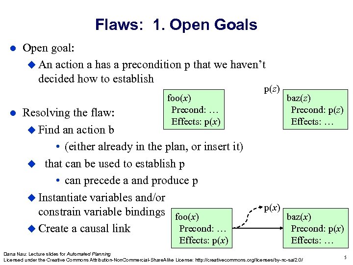 Flaws: 1. Open Goals Open goal: An action a has a precondition p that