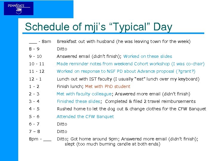 Schedule of mji’s “Typical” Day ___ - 8 am Breakfast out with husband (he