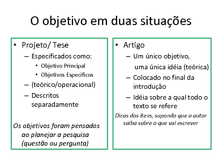 O objetivo em duas situações • Projeto/ Tese – Especificados como: • Objetivo Principal
