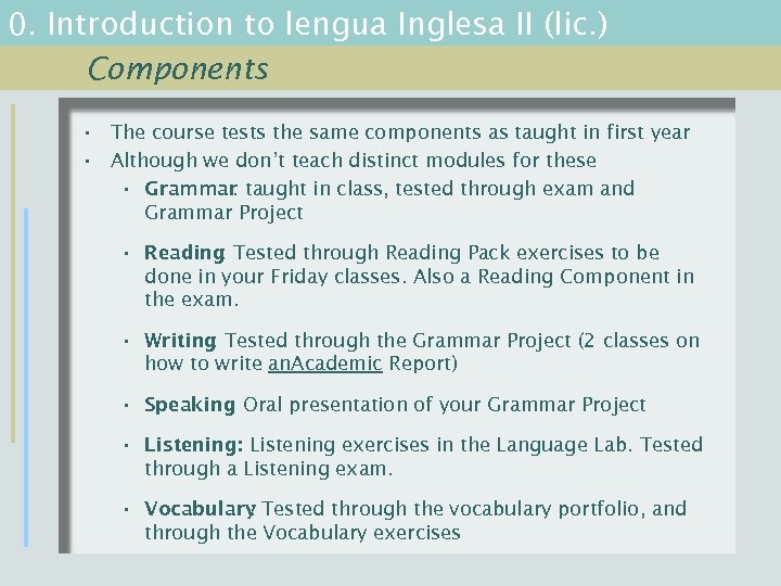 0. Introduction to lengua Inglesa II (lic. ) Components • The course tests the