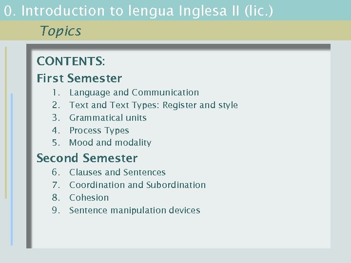 0. Introduction to lengua Inglesa II (lic. ) Topics CONTENTS: First Semester 1. 2.