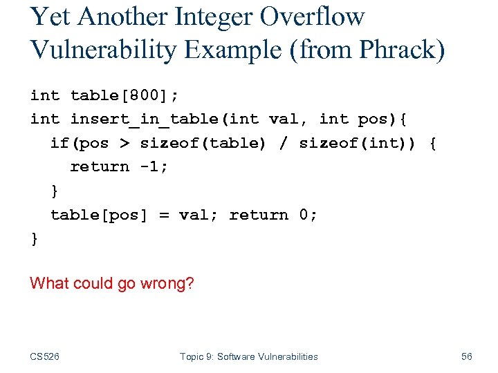 Yet Another Integer Overflow Vulnerability Example (from Phrack) int table[800]; int insert_in_table(int val, int