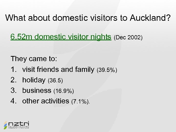 What about domestic visitors to Auckland? 6. 52 m domestic visitor nights (Dec 2002)