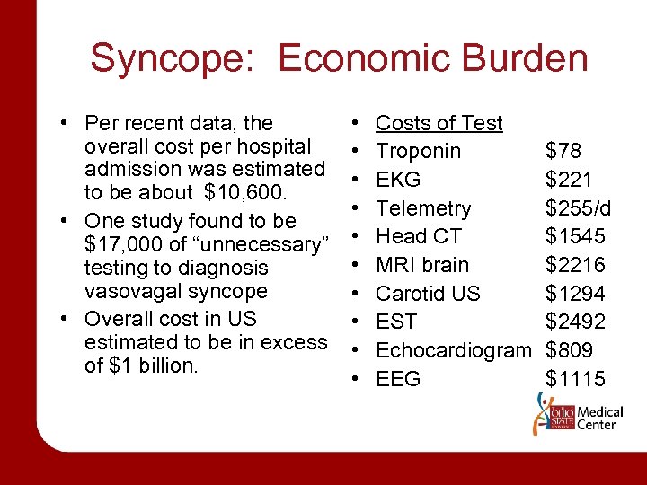 Syncope: Economic Burden • Per recent data, the overall cost per hospital admission was