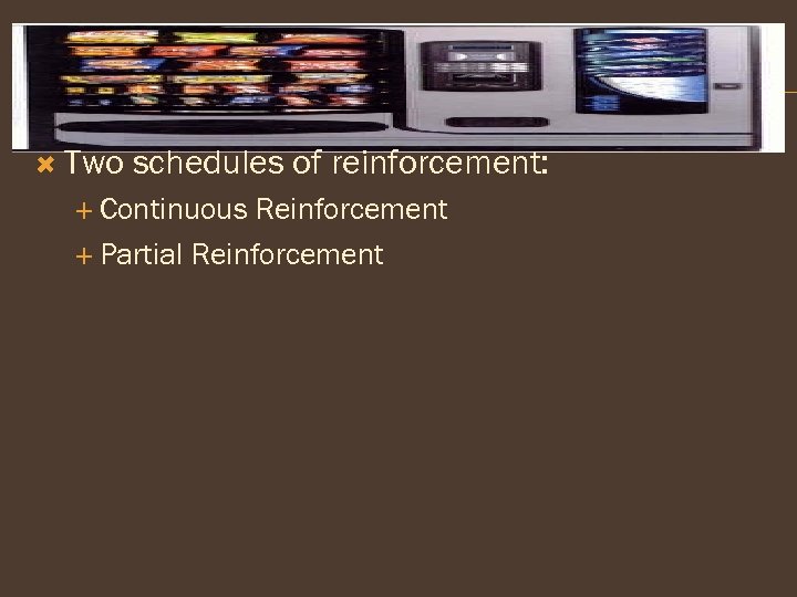  Two schedules of reinforcement: Continuous Reinforcement Partial Reinforcement 