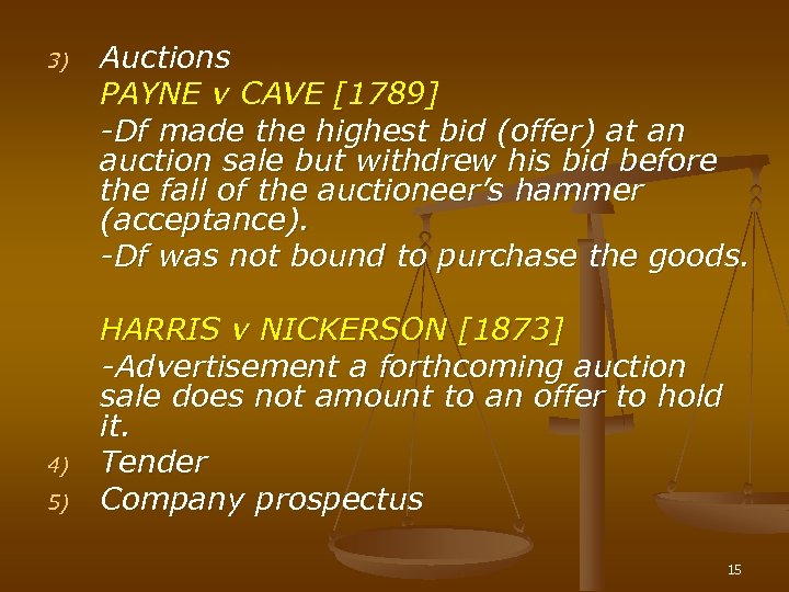 3) 4) 5) Auctions PAYNE v CAVE [1789] -Df made the highest bid (offer)