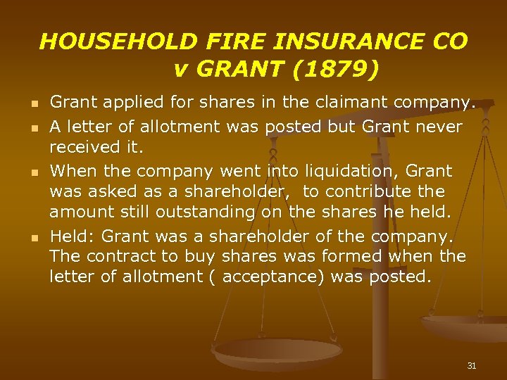 HOUSEHOLD FIRE INSURANCE CO v GRANT (1879) n n Grant applied for shares in
