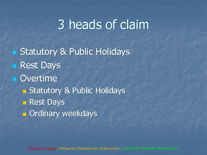 3 heads of claim n n n Statutory & Public Holidays Rest Days Overtime