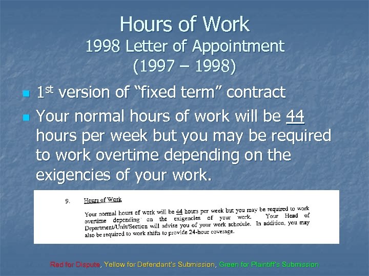 Hours of Work 1998 Letter of Appointment (1997 – 1998) n n 1 st