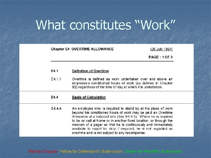 What constitutes “Work” Red for Dispute, Yellow for Defendant’s Submission, Green for Plaintiff’s Submission
