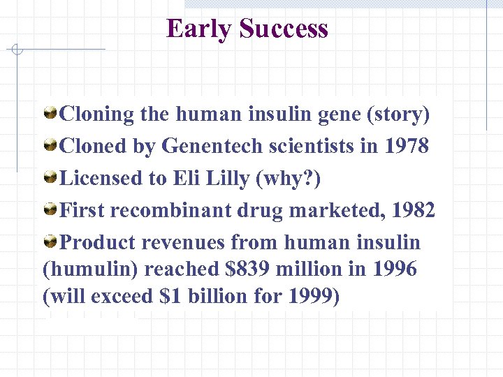 Early Success Cloning the human insulin gene (story) Cloned by Genentech scientists in 1978