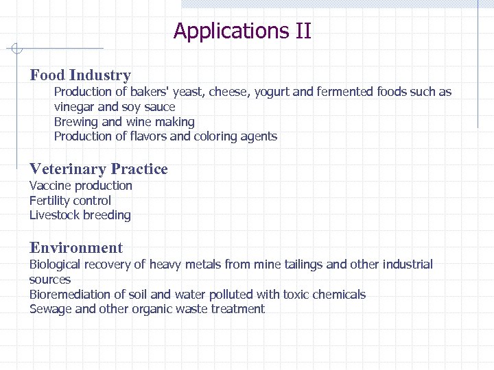 Applications II Food Industry Production of bakers' yeast, cheese, yogurt and fermented foods such