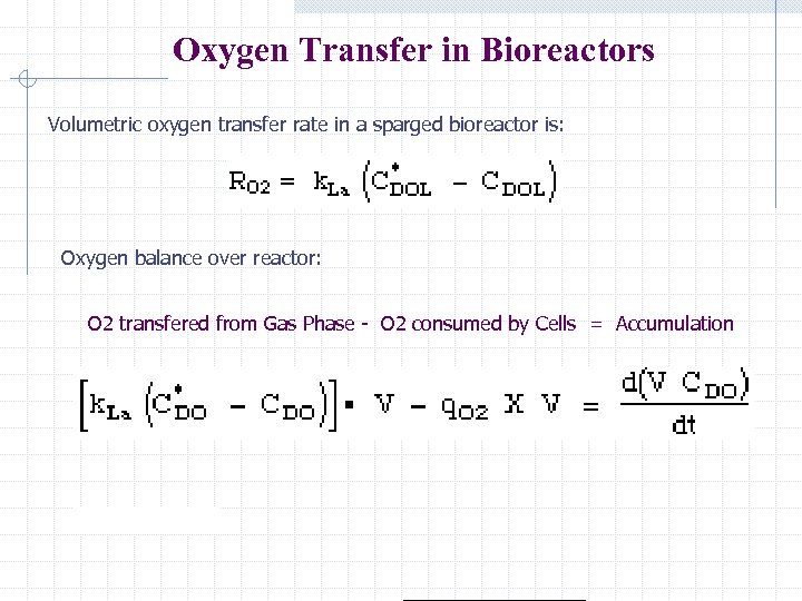 Oxygen Transfer in Bioreactors Volumetric oxygen transfer rate in a sparged bioreactor is: Oxygen