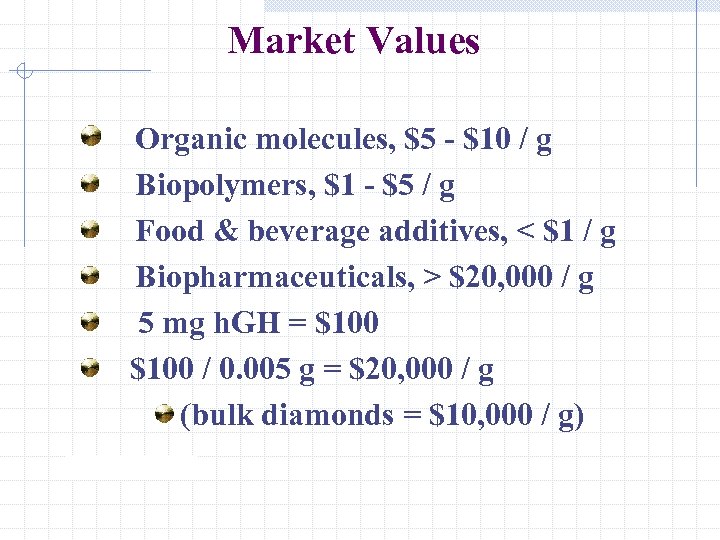 Market Values Organic molecules, $5 - $10 / g Biopolymers, $1 - $5 /