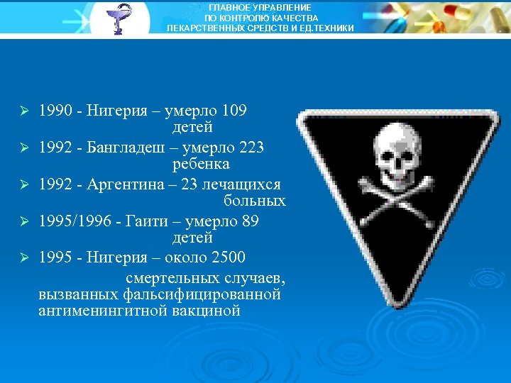 ГЛАВНОЕ УПРАВЛЕНИЕ ПО КОНТРОЛЮ КАЧЕСТВА ЛЕКАРСТВЕННЫХ СРЕДСТВ И ЕД. ТЕХНИКИ Ø Ø Ø 1990