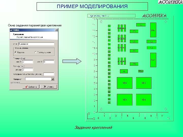 ПРИМЕР МОДЕЛИРОВАНИЯ Окно задания параметров крепления Задание креплений 
