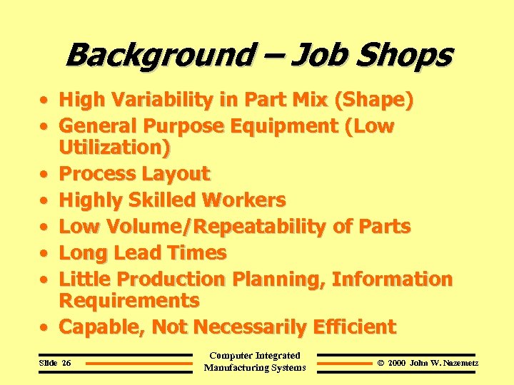 Background – Job Shops • High Variability in Part Mix (Shape) • General Purpose