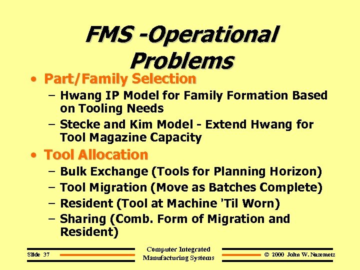 FMS -Operational Problems • Part/Family Selection – Hwang IP Model for Family Formation Based