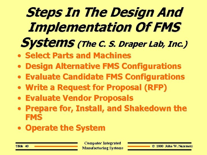 Steps In The Design And Implementation Of FMS Systems (The C. S. Draper Lab,