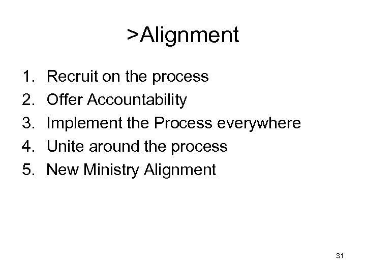 >Alignment 1. 2. 3. 4. 5. Recruit on the process Offer Accountability Implement the