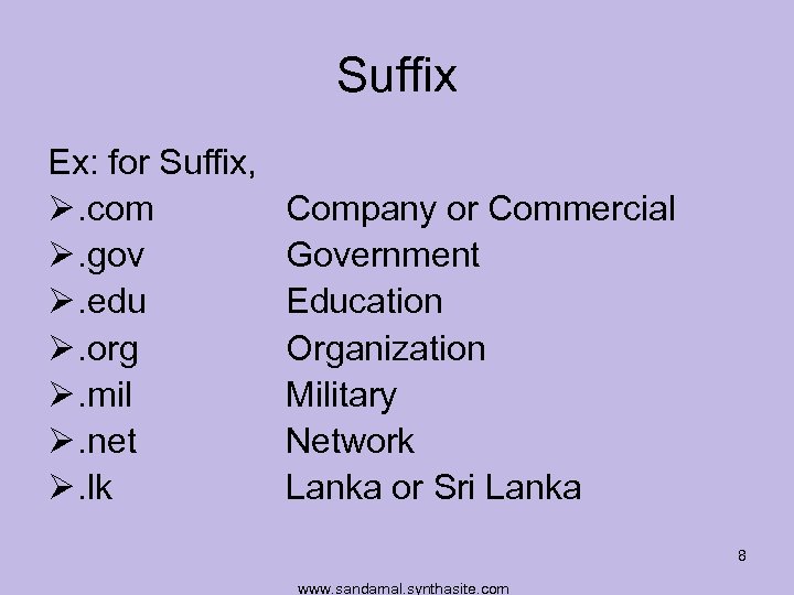 Suffix Ex: for Suffix, Ø. com Ø. gov Ø. edu Ø. org Ø. mil