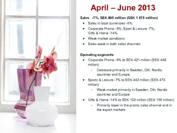 April – June 2013 Sales -7%, SEK 995 million (SEK 1 075 million) Sales