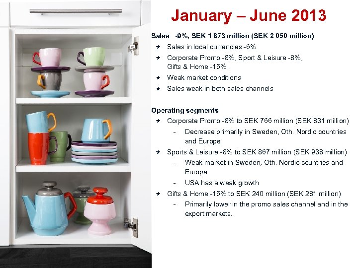 January – June 2013 Sales -9%, SEK 1 873 million (SEK 2 050 million)