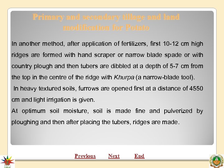 Primary and secondary tillage and land modification for Potato In another method, after application