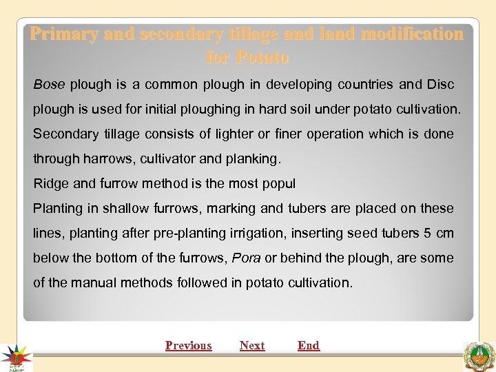 Primary and secondary tillage and land modification for Potato Bose plough is a common