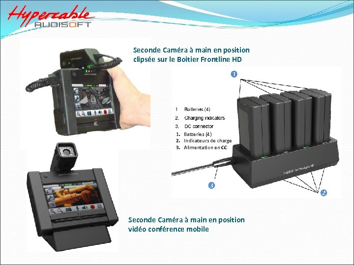 Seconde Caméra à main en position clipsée sur le Boitier Frontline HD 1. Batteries