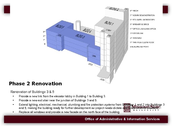 Phase 2 Renovation of Buildings 3 & 5 • • Provide a new link