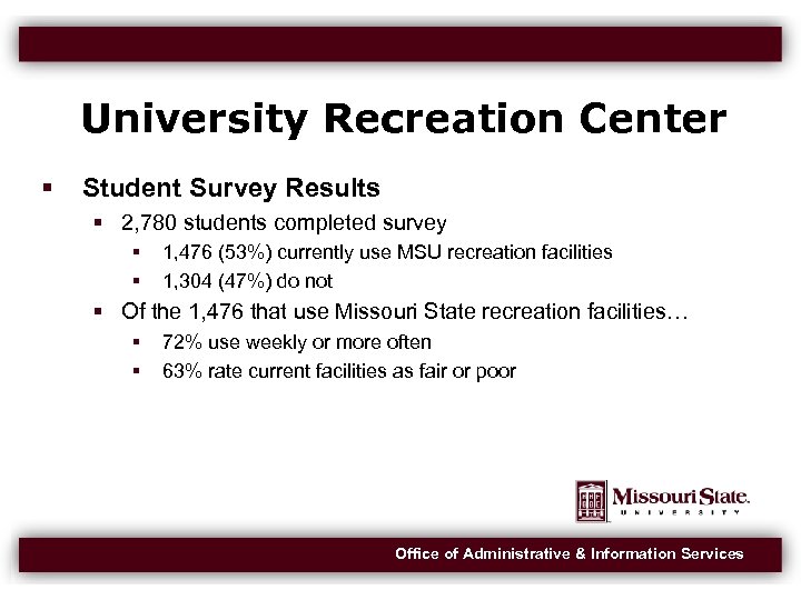 University Recreation Center Student Survey Results 2, 780 students completed survey 1, 476 (53%)