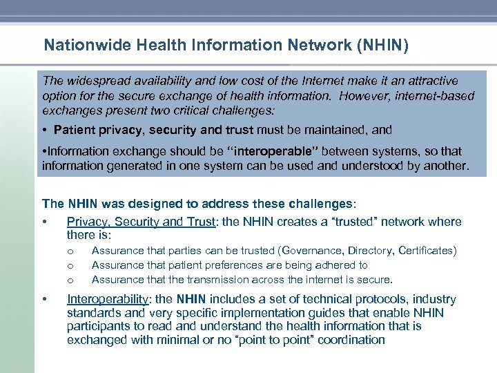 Nationwide Health Information Network (NHIN) The widespread availability and low cost of the Internet