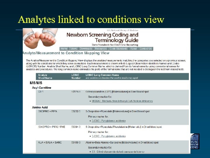 Analytes linked to conditions view 