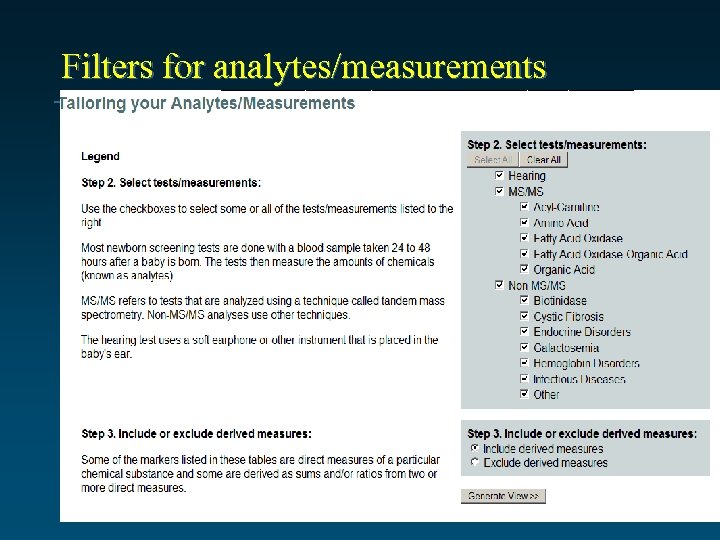 Filters for analytes/measurements 