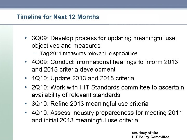 Timeline for Next 12 Months • 3 Q 09: Develop process for updating meaningful