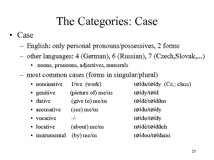 The Categories: Case • Case – English: only personal pronouns/possessives, 2 forms – other
