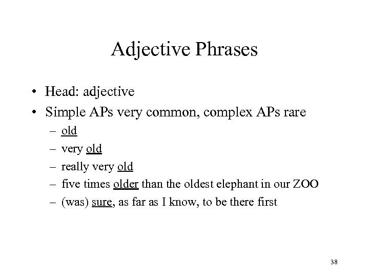 Adjective Phrases • Head: adjective • Simple APs very common, complex APs rare –