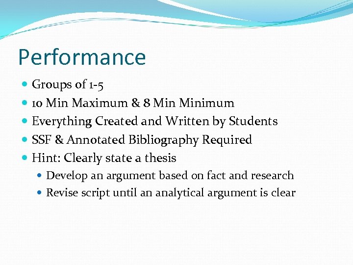Performance Groups of 1 -5 10 Min Maximum & 8 Minimum Everything Created and