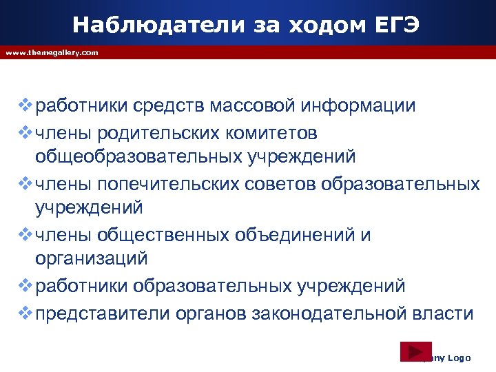 Наблюдатели за ходом ЕГЭ www. themegallery. com v работники средств массовой информации v члены